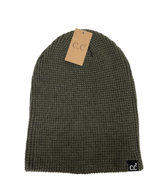 Unisex Waffle Knit Cuffed/Slouchy C.C. Beanie -Olive