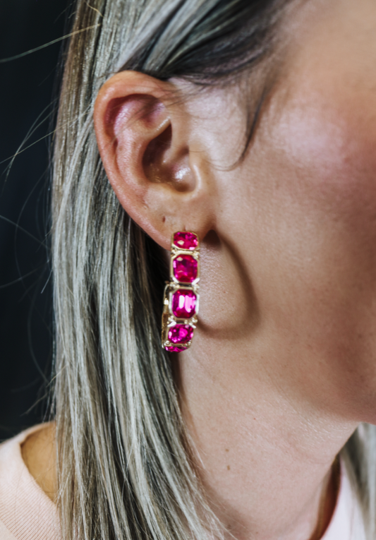Hot Pink Rectangle Shaped Crystal Hoop Earring