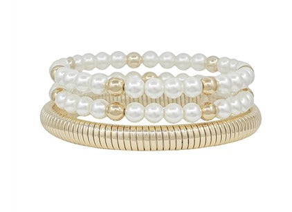 Gold and Pearl Water Resistant Set of 3 Stretch Bracelet