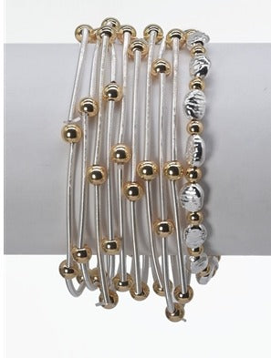 Set of 10 Silver Wired Stretch Bracelets with Gold Beaded Accents