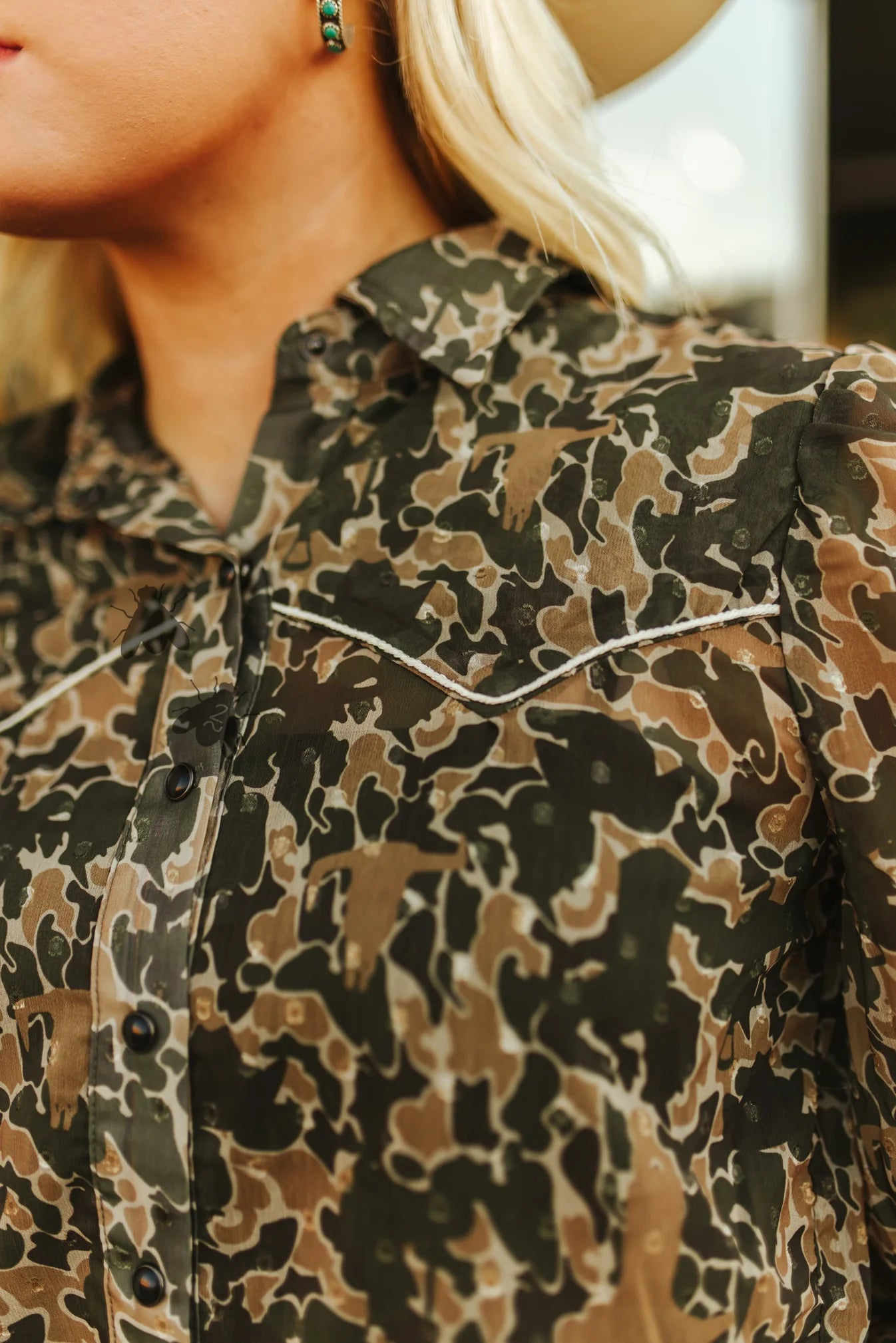 Close-up of a camouflage-patterned shirt with a blurred background