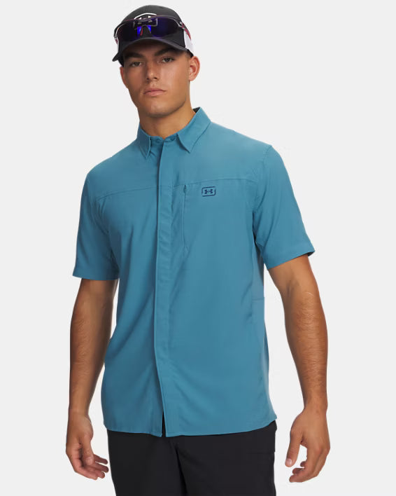 Under Armour men's Fish Pro Hybrid woven button-down shirt, shown in one of five available colors