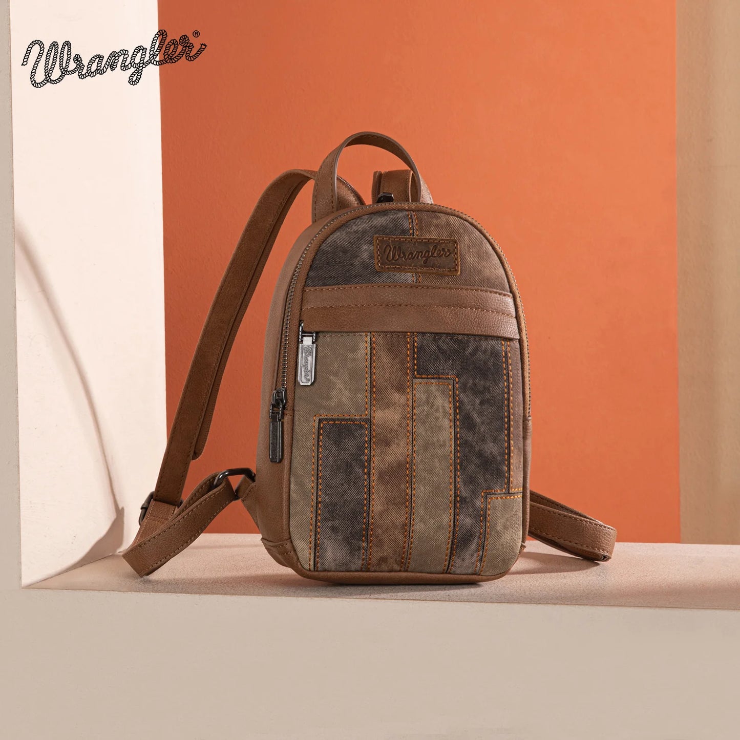 Wrangler Brown Denim Patchwork Mini Backpack With Detachable Coin Pouch