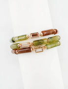 Olive and Brown Oval Stone and Crystal Beaded Set of 3 Stretch Bracelets
