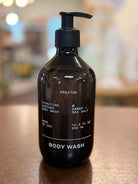 Preston Amber & Sea Salt moisturizing body wash, 16.9 oz black pump bottle front label
