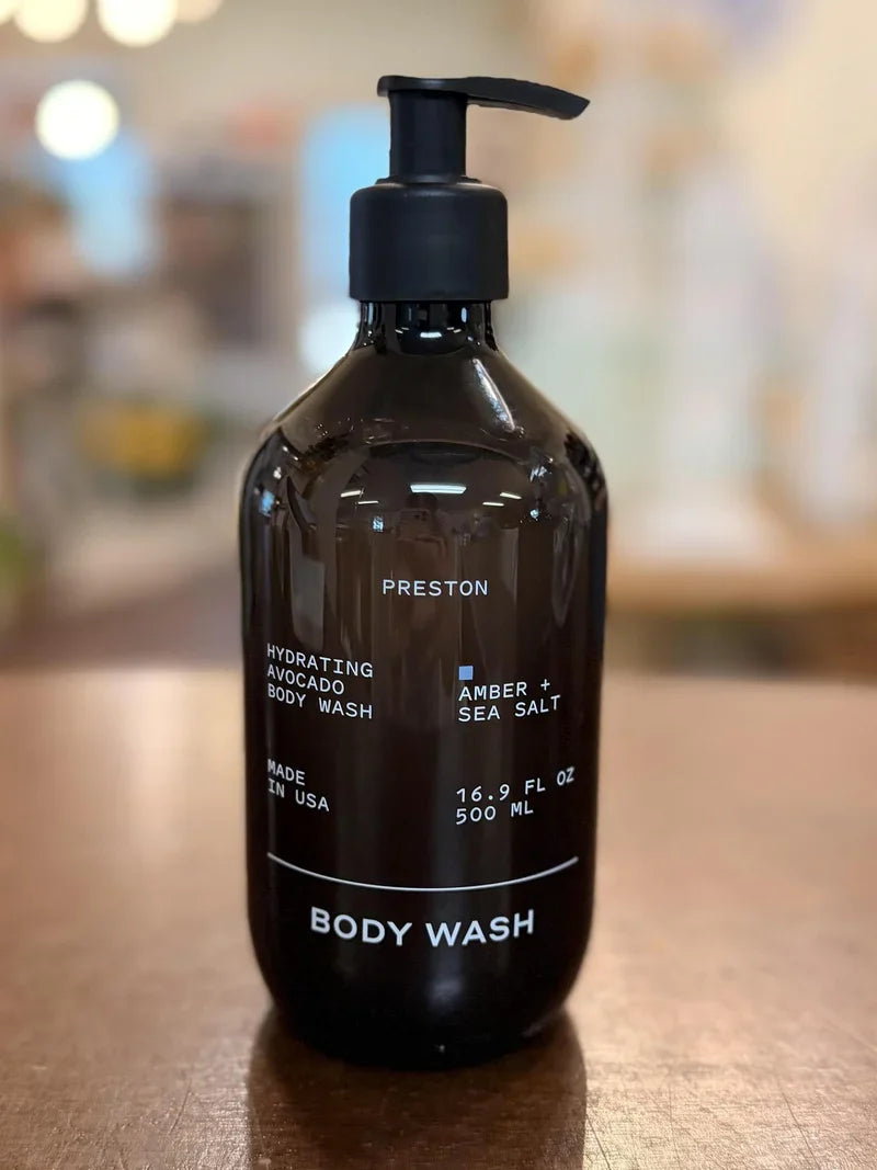 Preston Amber & Sea Salt moisturizing body wash, 16.9 oz black pump bottle front label