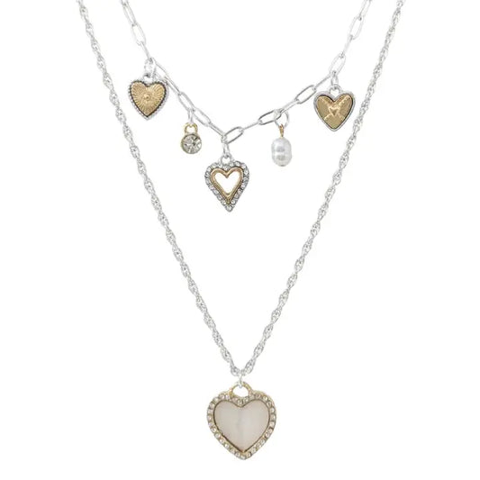 Silver Layered Multi Charm Heart Necklace