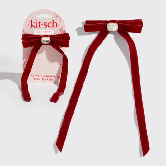 Holiday Velvet Red & Gemstone Bow Hair Clip