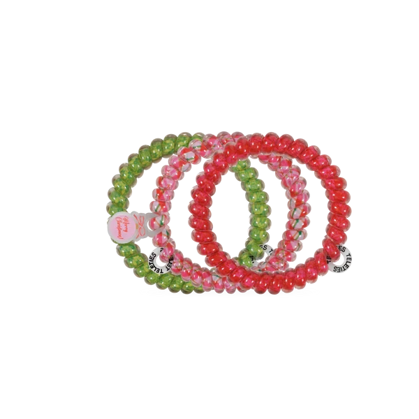 Teleties And To All A Good Night small spiral hair ties in red, pink and green, 3-pack