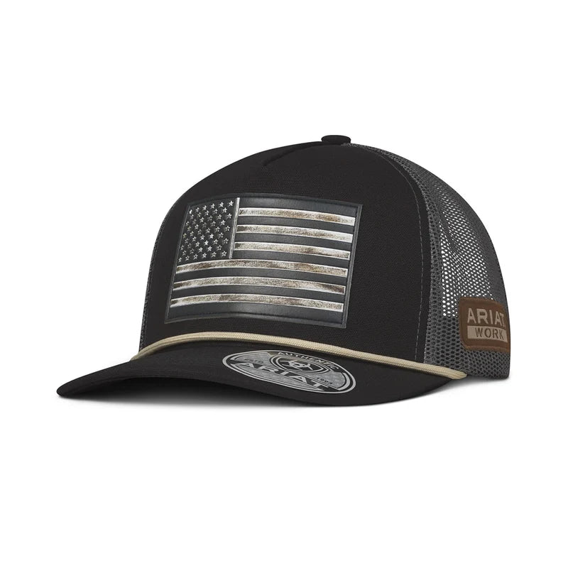 Ariat Work black snap back hat with grey flag patch, black mesh back and tan rope trim