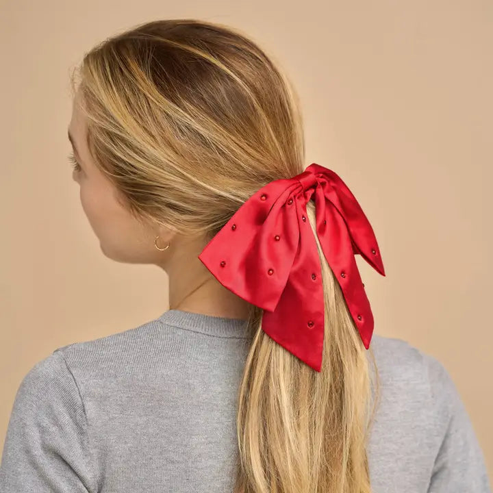 Holiday Satin & Rhinestone Red Bow Scrunchie
