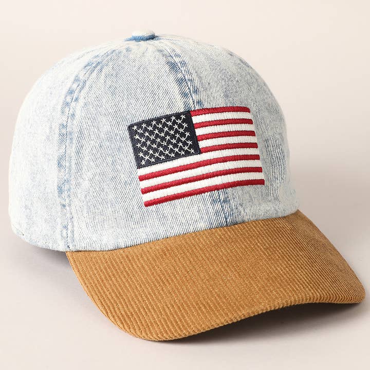 Embroidered USA Flag Two Tone Baseball Cap- Denim Blue