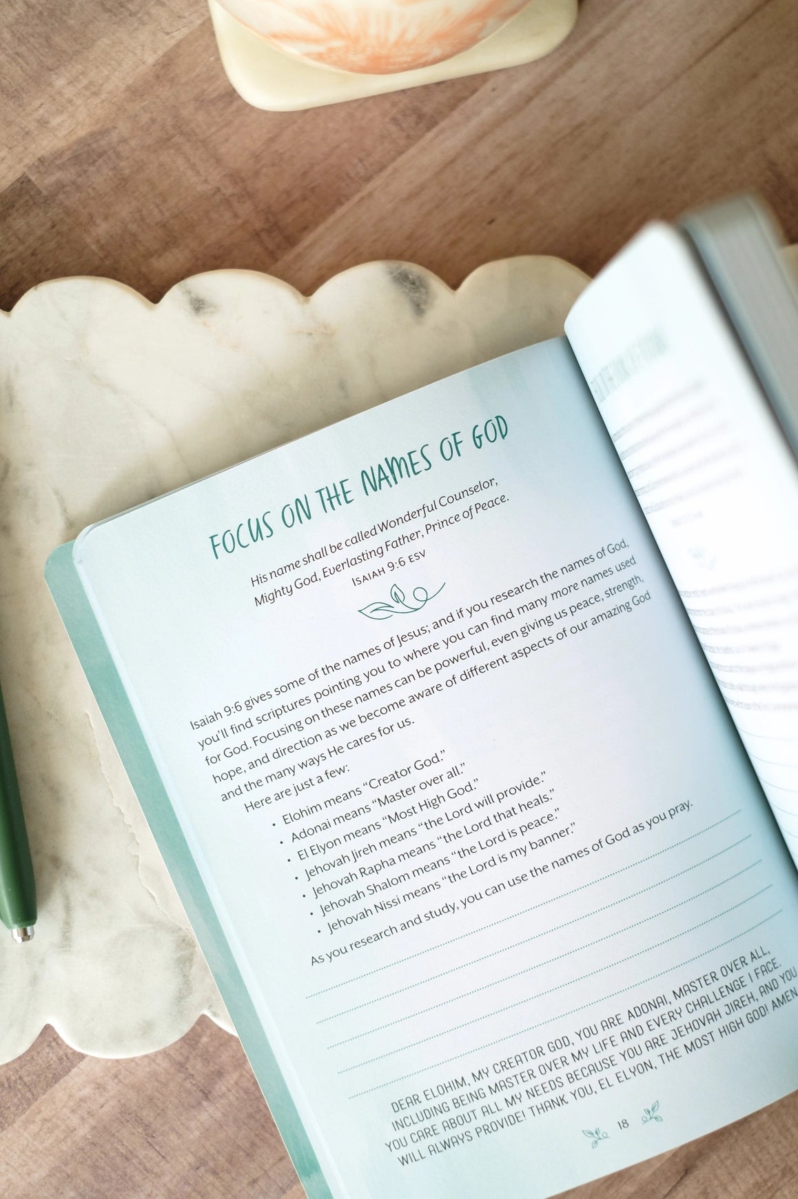 The Overthinker's Devotional Journal, open to a Focus on the Names of God page