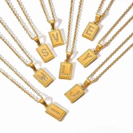 Waterproof Initial Gold CZ Tag Necklace - 26 Letters