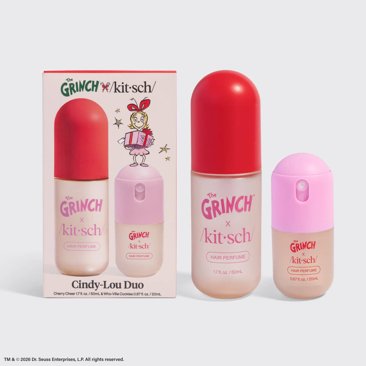 The Grinch x Kitsch Cindy-Lou Duo hair perfume set, red and pink bottles with gift box