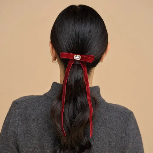 Holiday Velvet Red & Gemstone Bow Hair Clip