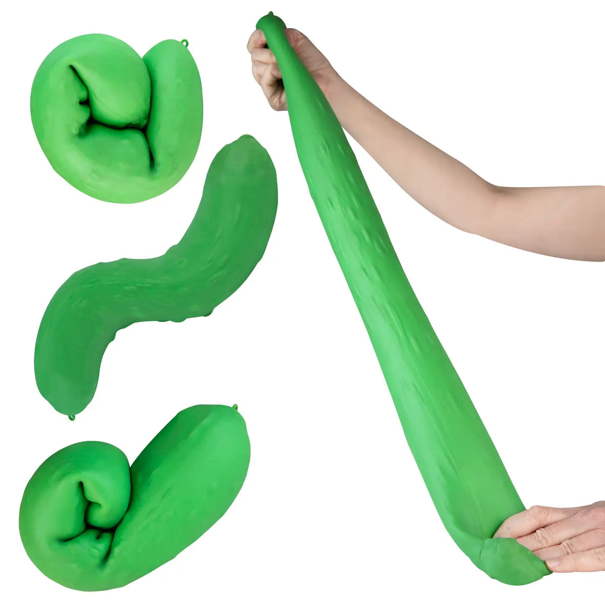 ORB Easy Sqweezy jumbo pickle squishy toy shown squished, twisted and stretched