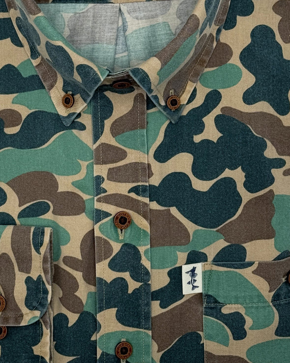 Coastal Cotton men's twill camo shirt, close-up of button-down collar and chest pocket logo