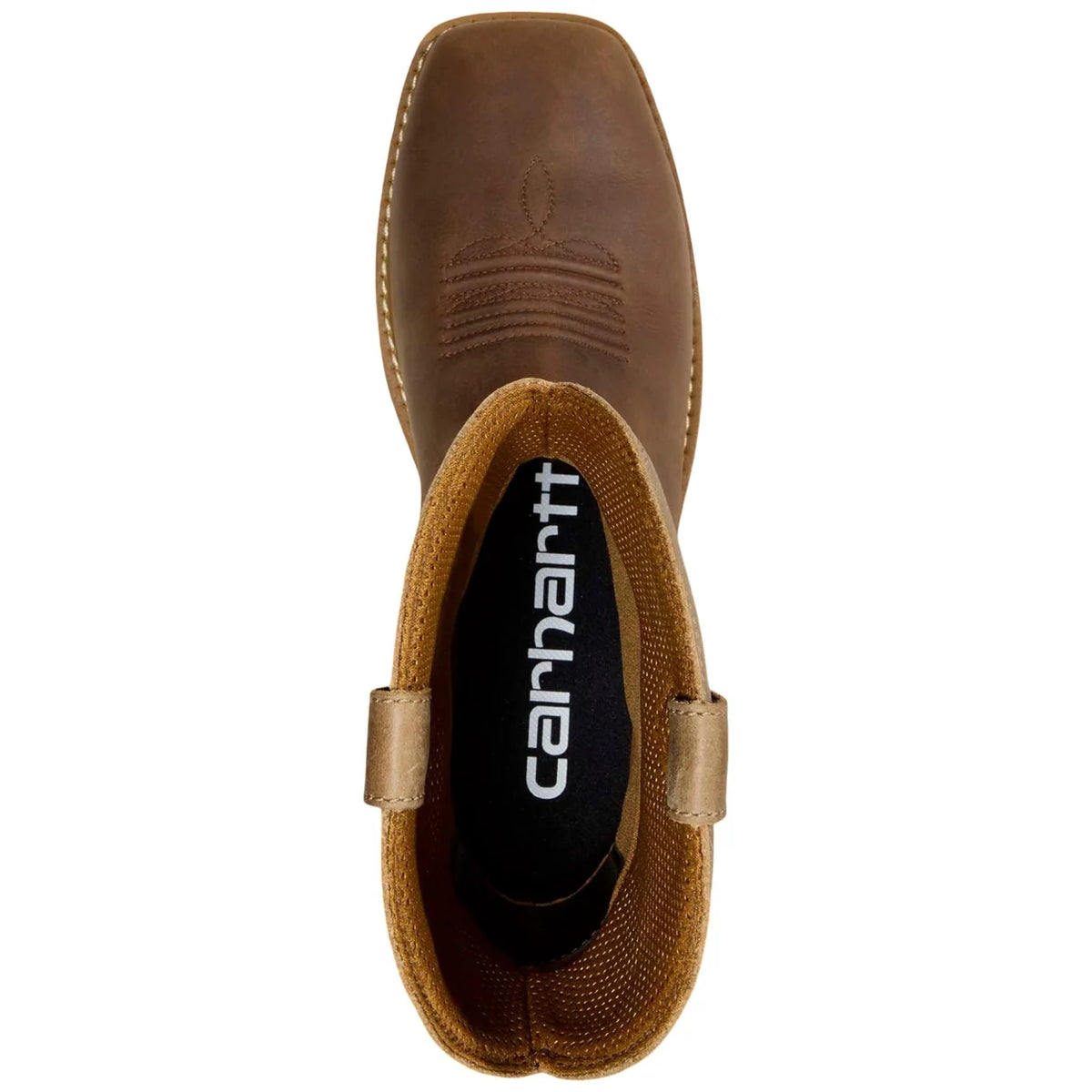 Carhartt Bandera brown and cream Wellington boot, top view showing Carhartt insole