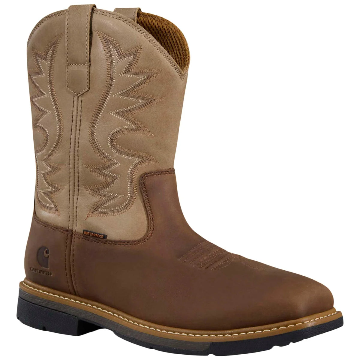 Carhartt Bandera waterproof Wellington boot in brown and cream, outer side view