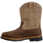Carhartt Bandera brown and cream Wellington boot, angled view of stitched shaft and square toe