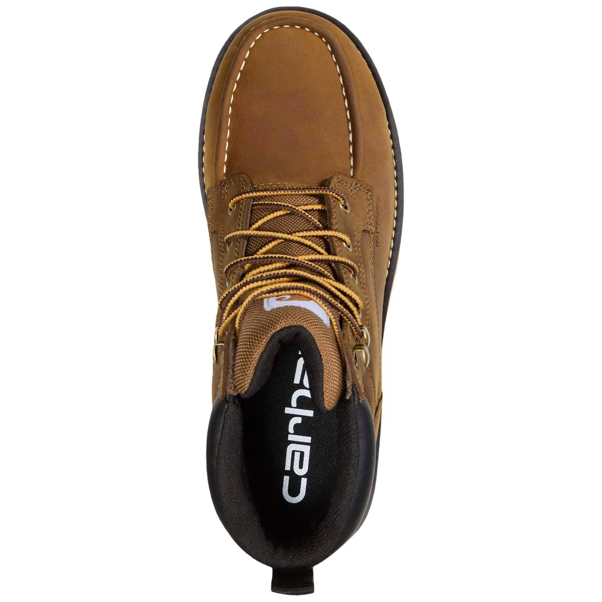 Top-down view of the Carhartt Grafton Moc Toe Boot showing laces and logo insole