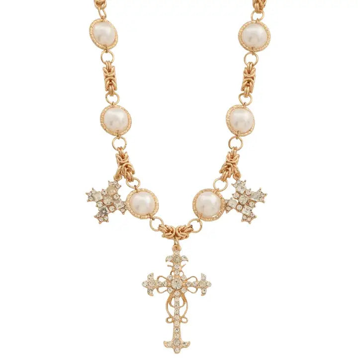 Cross Pearl Bead Crystal Link Necklace