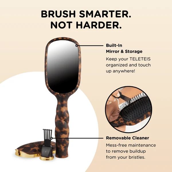 Teleties tortoise Detangler Brush features graphic: built-in mirror and removable cleaner
