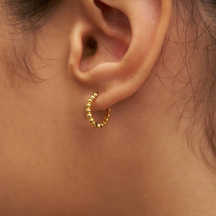 Gold Beaded Tiny Hoop Earrings - Water Resistant