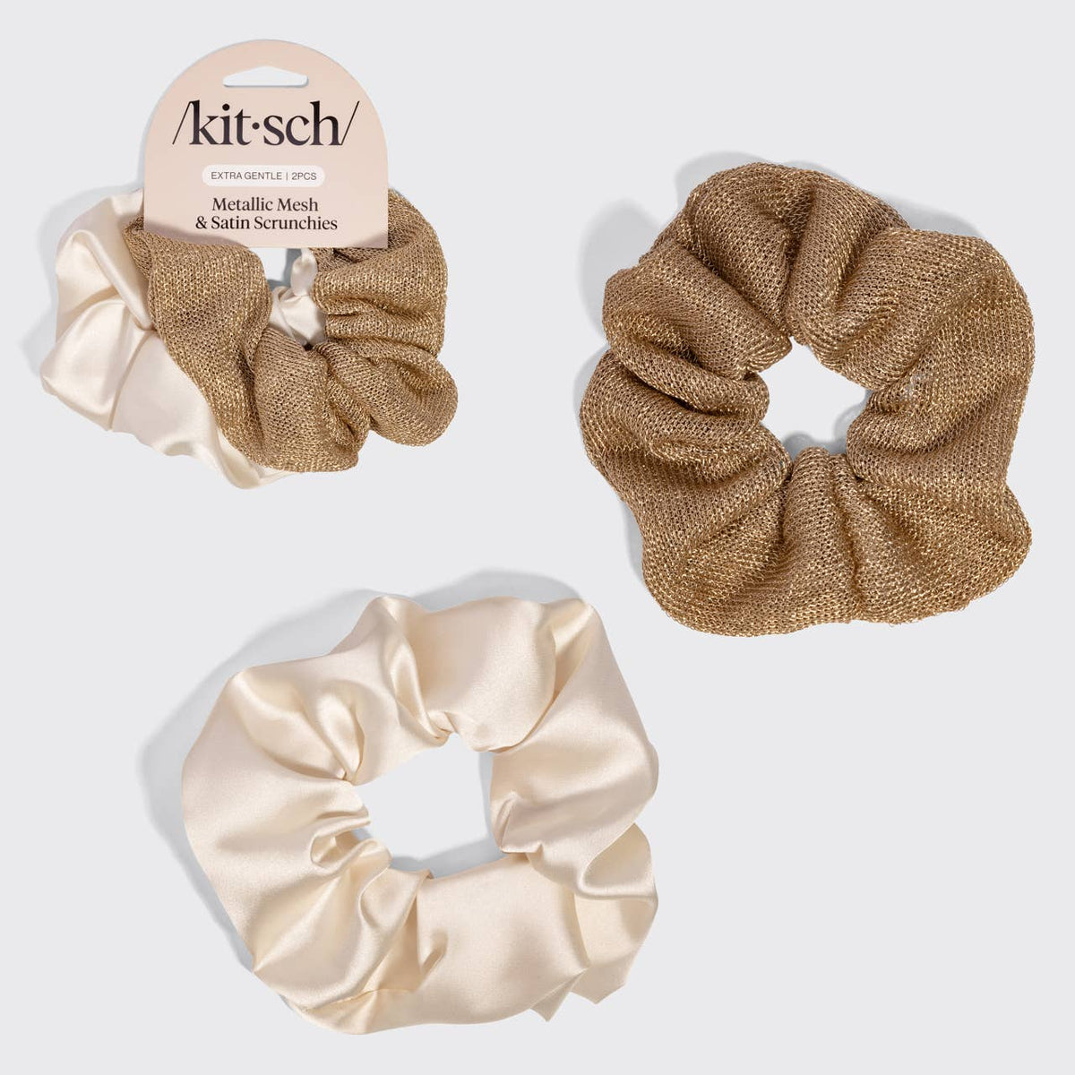 Kitsch metallic mesh and satin scrunchies 2 pack in cream and gold, shown with packaging