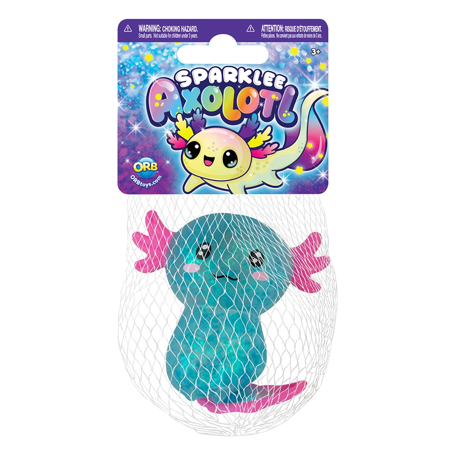 ORB Sparklee Axolotl teal glitter squishy in mesh bag packaging