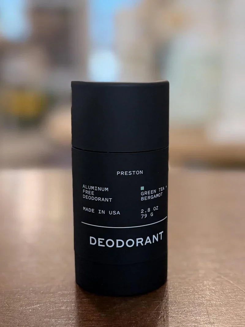Preston Green Tea & Bergamot aluminum-free deodorant, 2.8 oz black tube front label