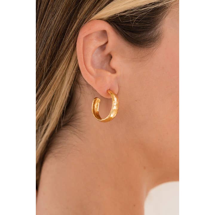 Gold Hammered Hoop Earrings- Water Resistant