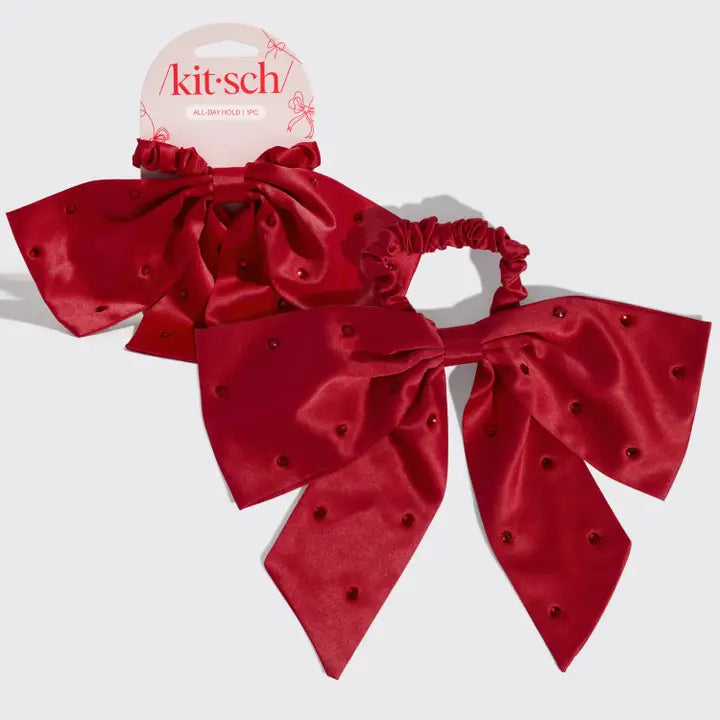 Holiday Satin & Rhinestone Red Bow Scrunchie