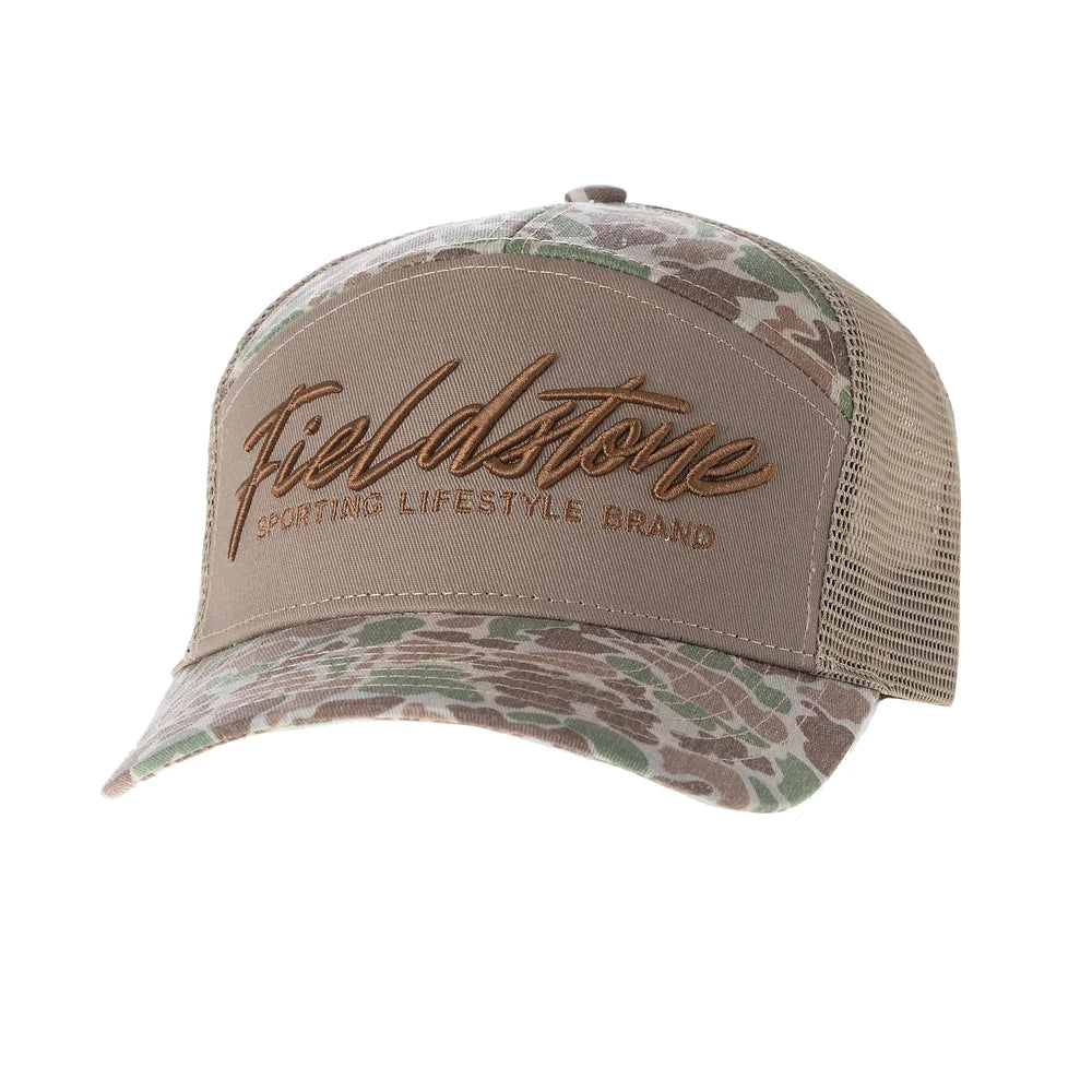 7 Panel Script Logo Camo Hat By Fieldstone