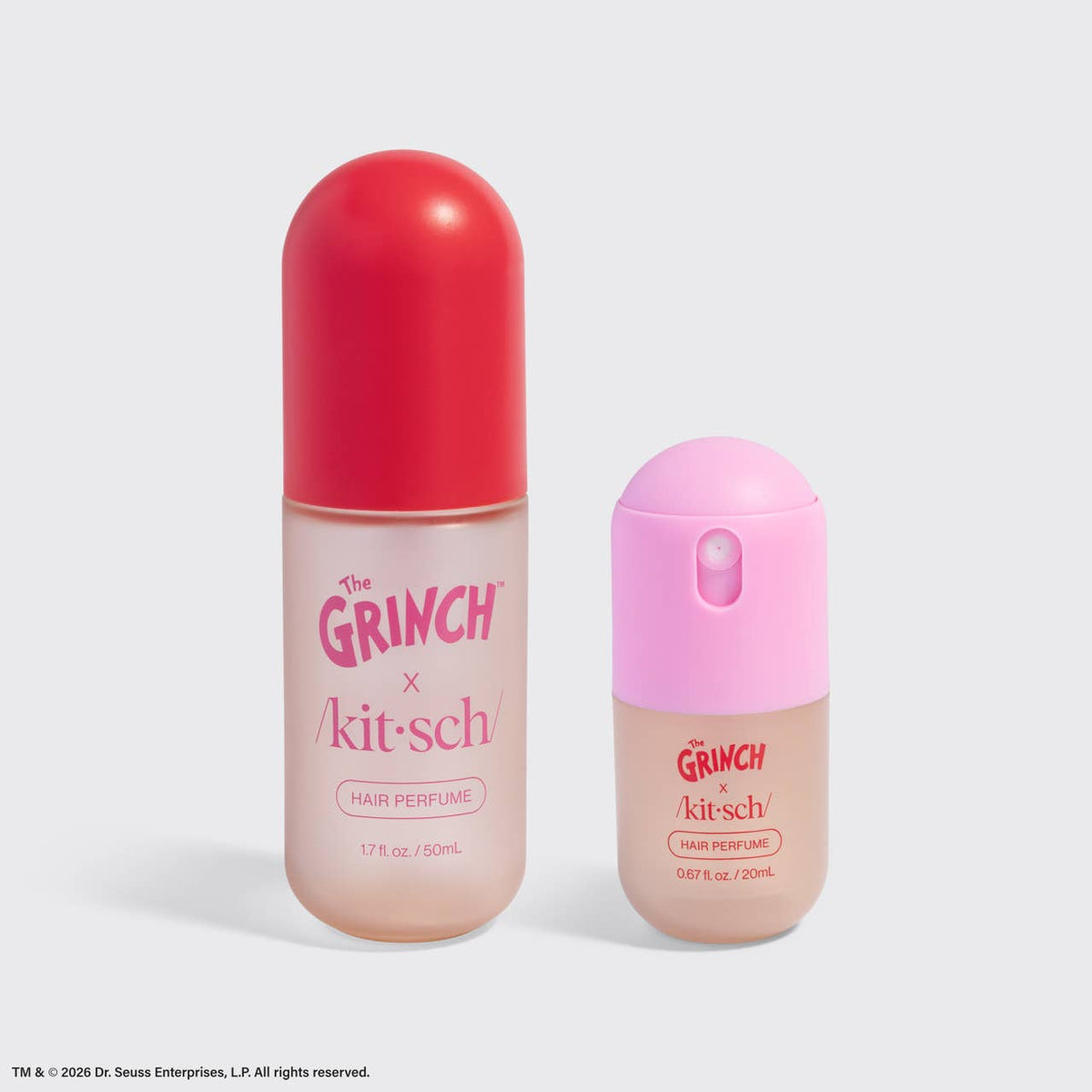 The Grinch x Kitsch Cindy-Lou Duo, full-size red and mini pink hair perfume bottles