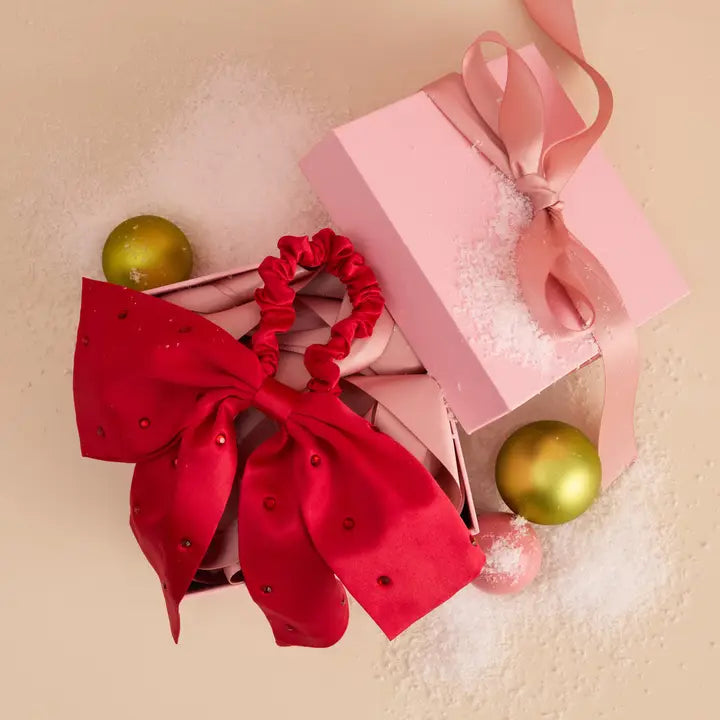 Holiday Satin & Rhinestone Red Bow Scrunchie