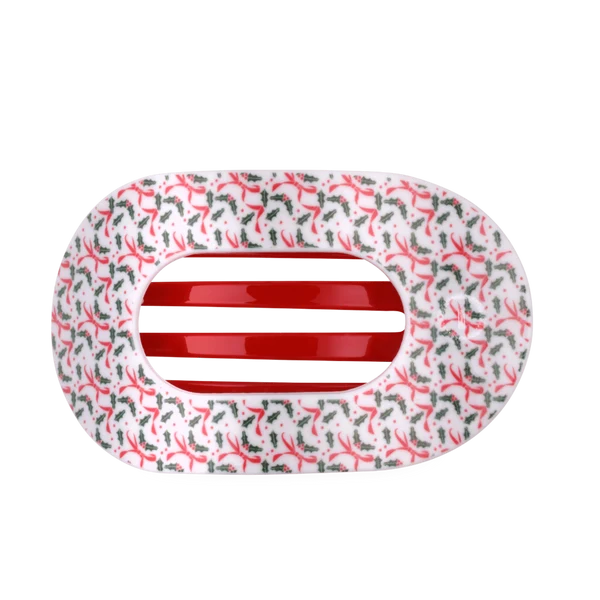 Teleties Festive Feels Large Flat Round Hair Clip in red and white holiday print, front view