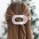 Teleties Festive Feels Medium Flat Round Hair Clip worn in brunette half-up hair