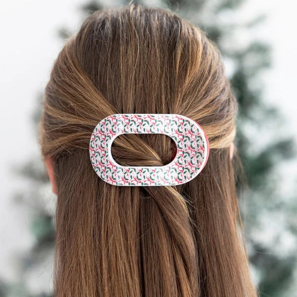Teleties Festive Feels Medium Flat Round Hair Clip worn in brunette half-up hair