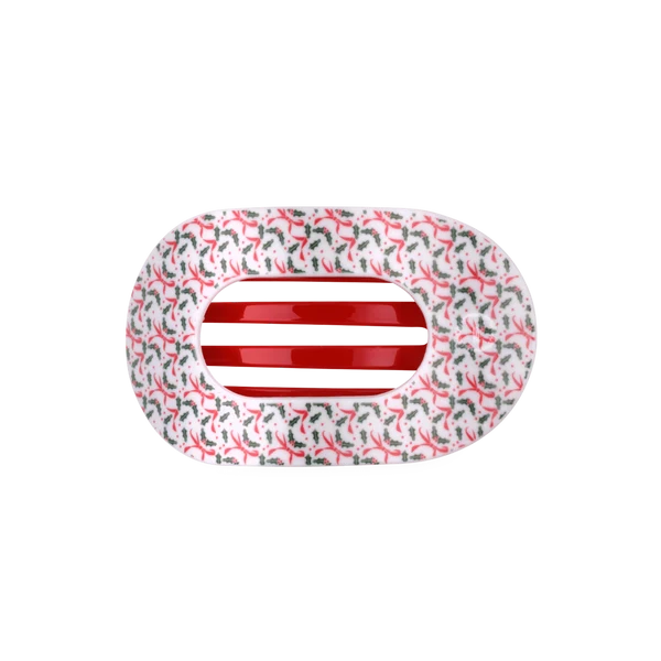 Teleties Festive Feels Medium Flat Round Hair Clip in red and white holiday print, front view