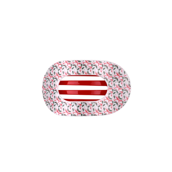 Teleties Festive Feels Small Flat Round Hair Clip in red and white holiday print, front view