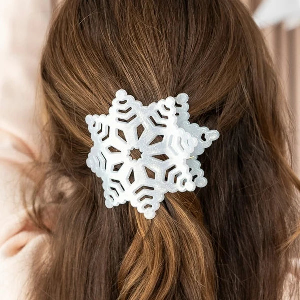 Teleties glitter snowflake flat hair clip worn in long brown hair, back view