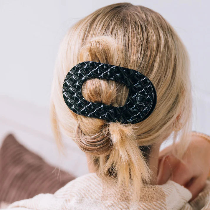 Jet Black Quilted LARGE Flat Round Hair Clip