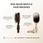 Teleties Mini Boar Bristle Brush graphic listing natural boar bristles, mirror and cleaner