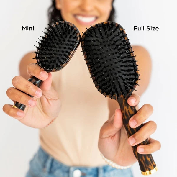 Model holding Teleties Mini and full size Boar Brushes in tortoise to compare size