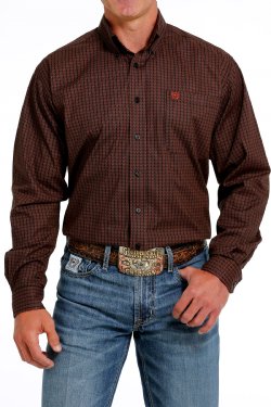 Men's Stretch Geometric Print Button Down Western Shirt- Black & Brown