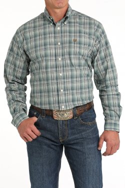 Men's Cinch Plaid Button Down Western Shirt- Green