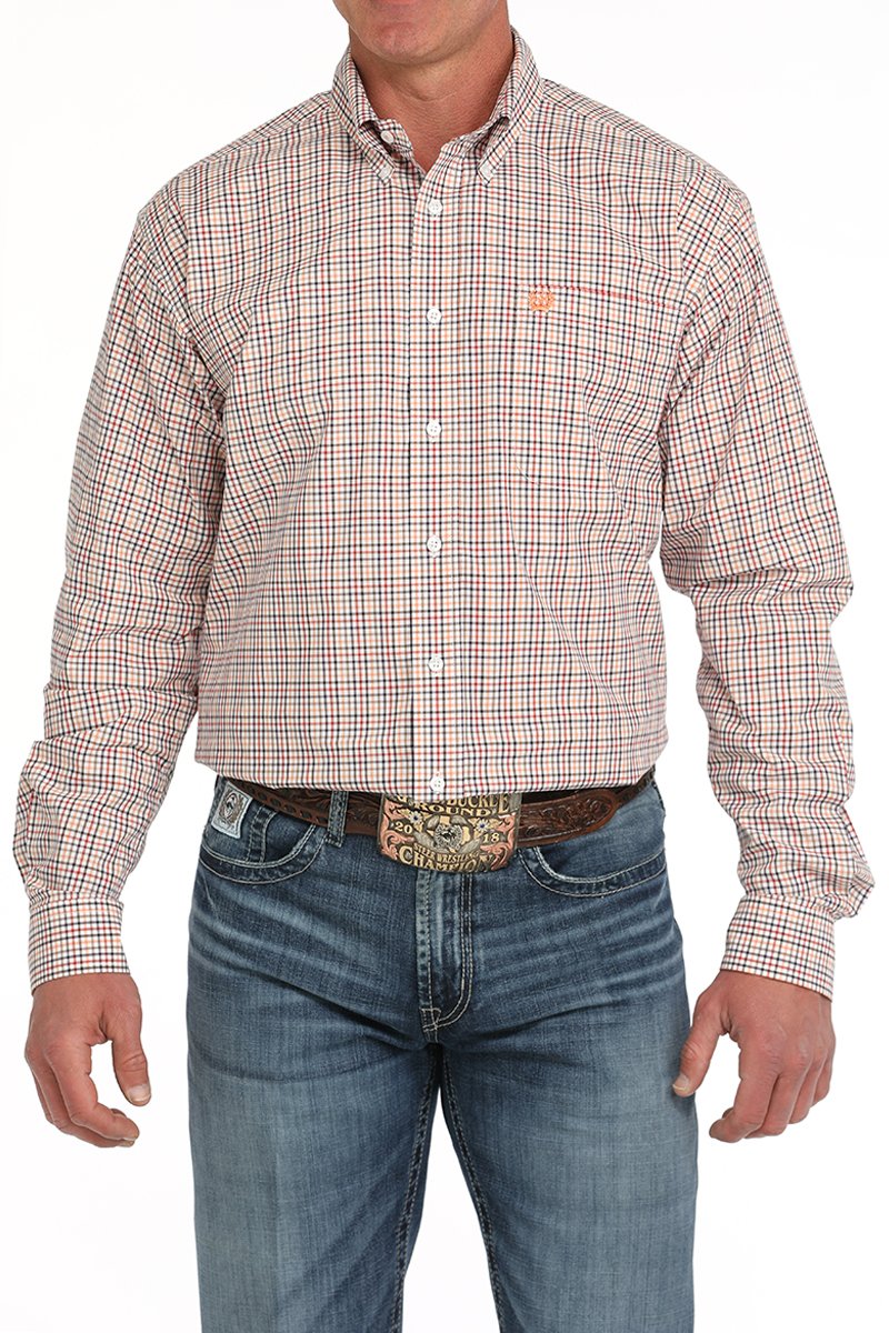 Men's White Plaid Button-Down Western Shirt