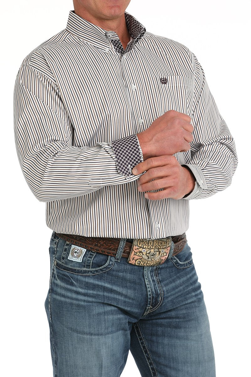 Men's White Striped Button-Down Western Shirt